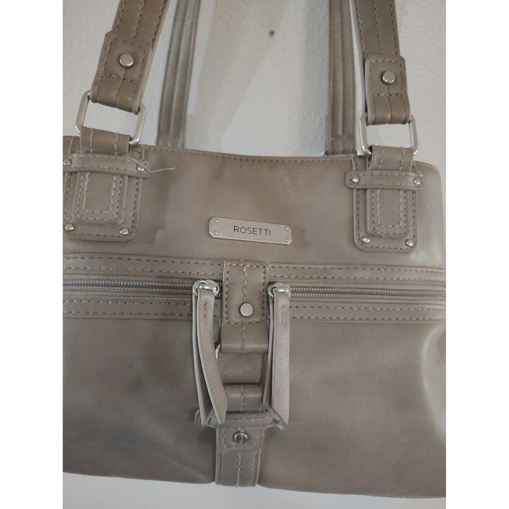 Rosetti‎ Taupe Faux Leather Shoulder Bag Multi Pocket Purse Silver Tone Hardware